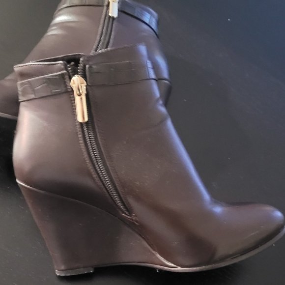 Ela Brown Leather Round Toe Lace Up Wedge Heels Ankle Boots Booties - Picture 7 of 7